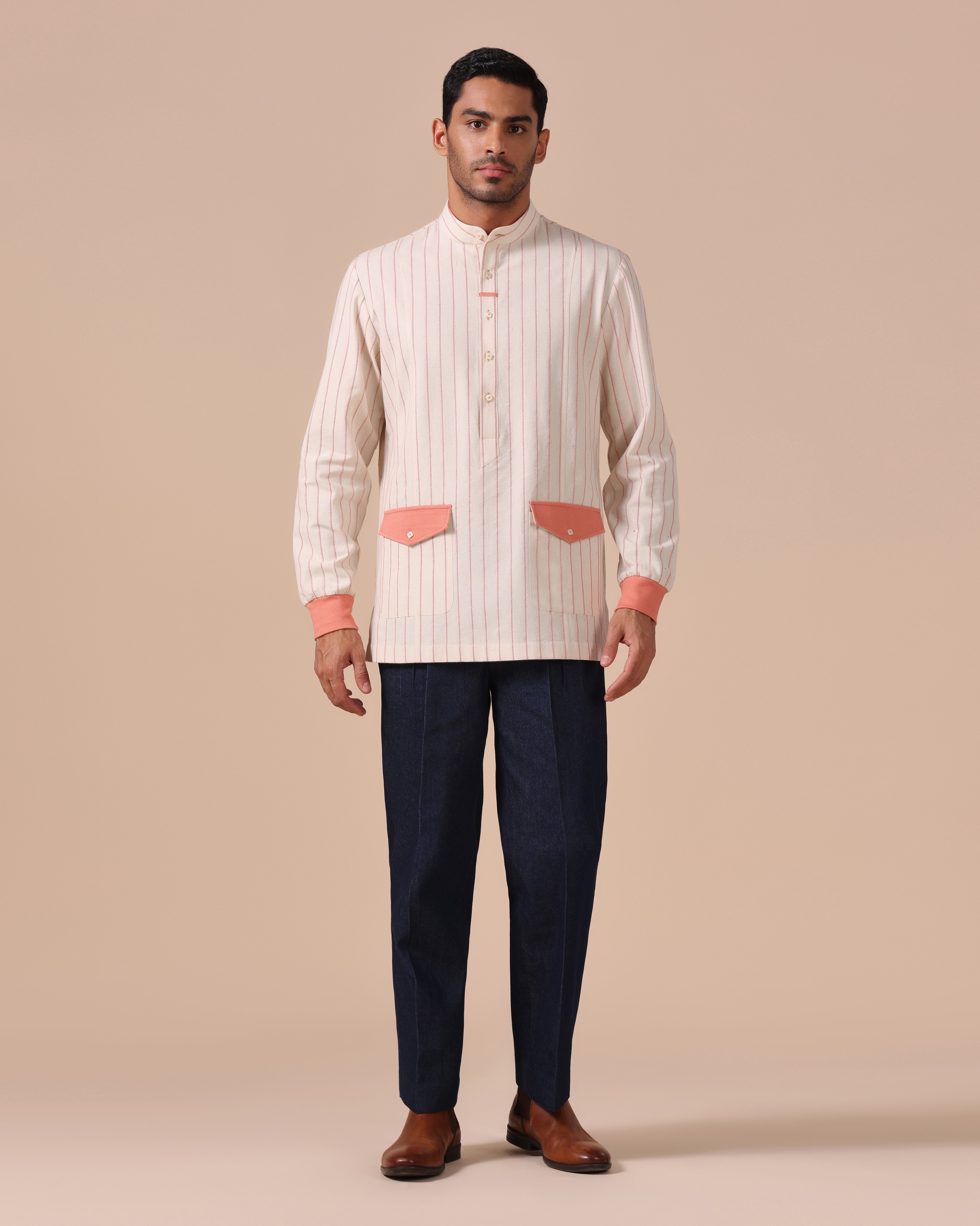 Orsay - Cotton Linen Shirt with Knitted Cuff - Coral