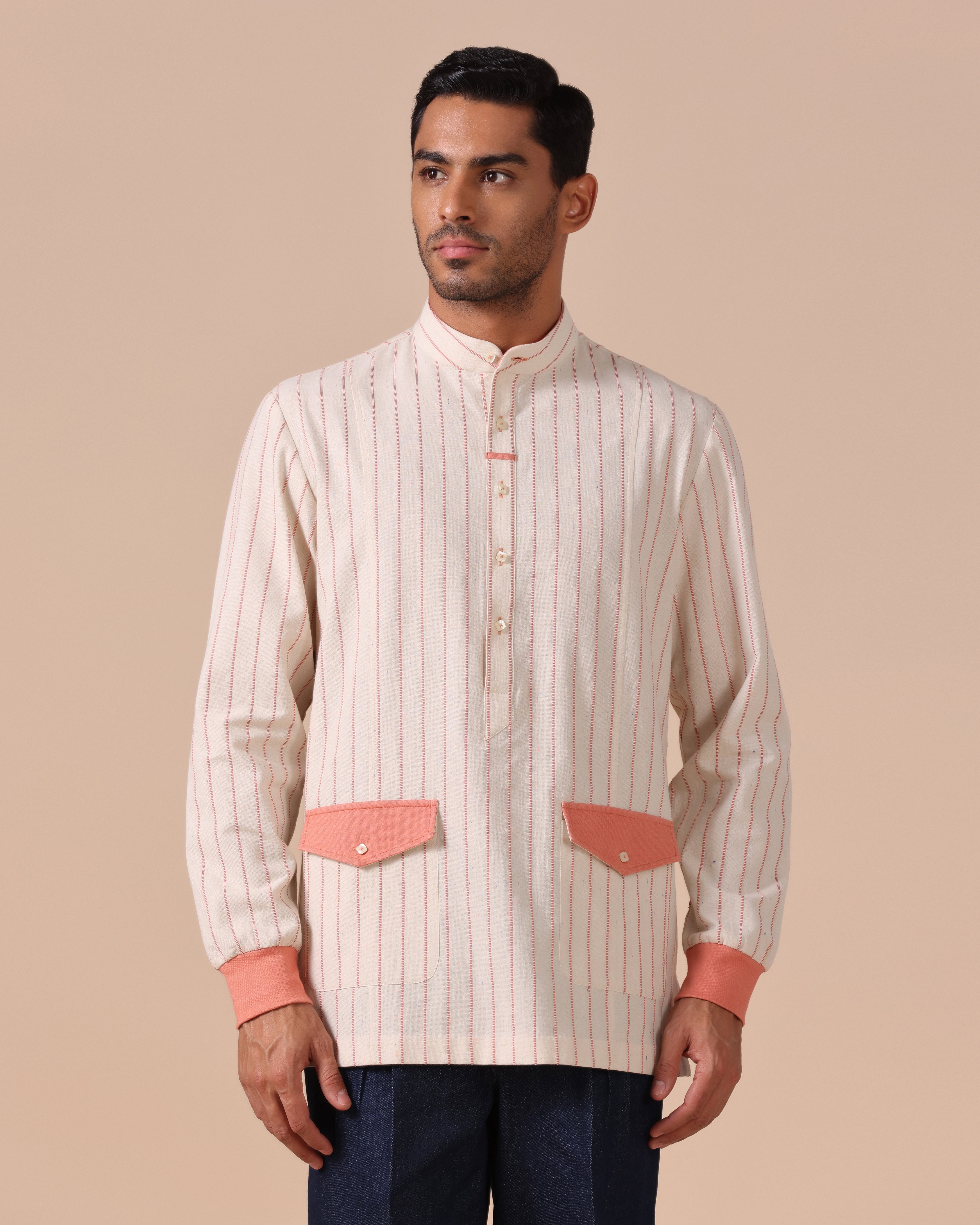 Orsay - Cotton Linen Shirt with Knitted Cuff - Coral