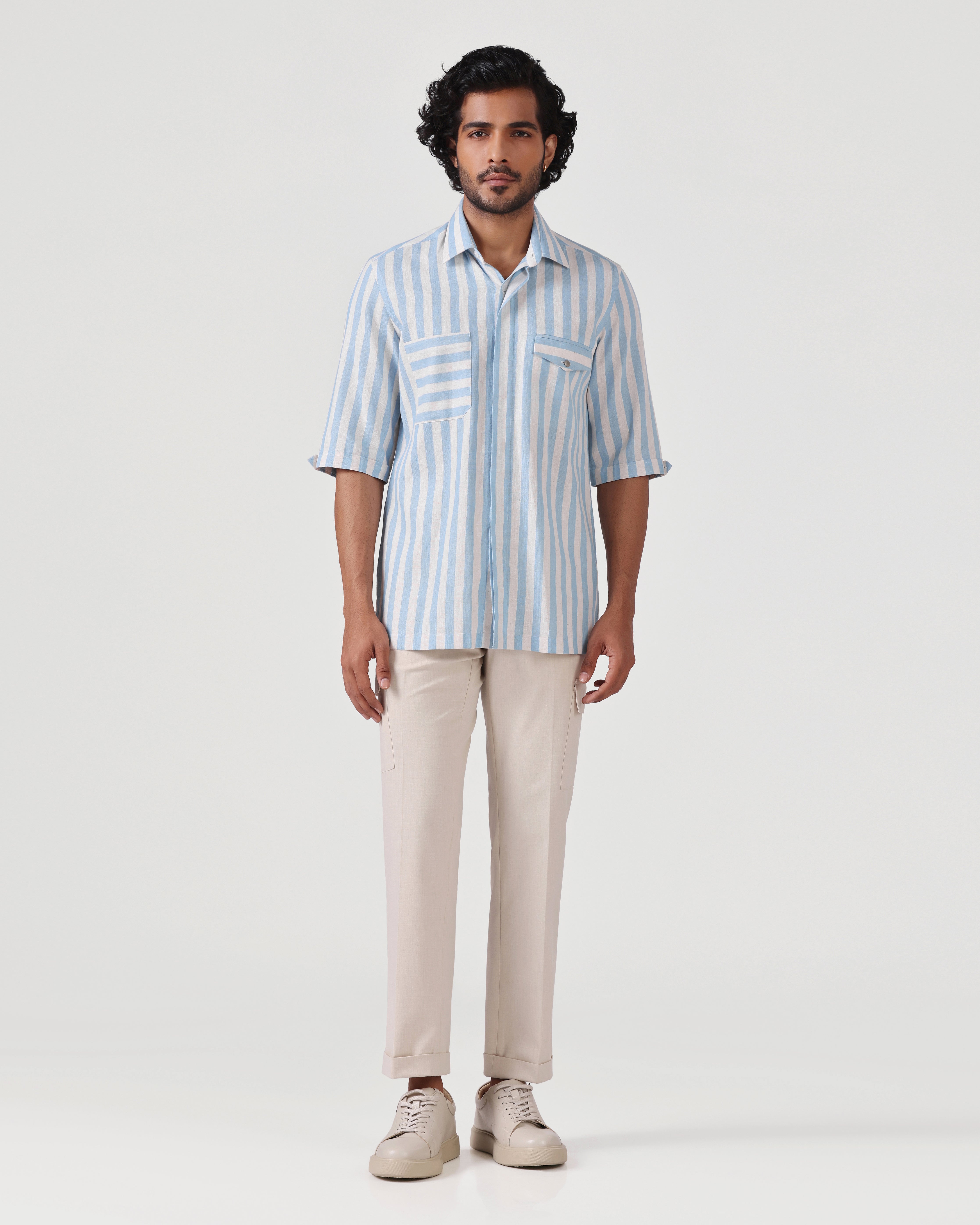 Crete - Stripe Cotton Linen Shirt - Soft Blue