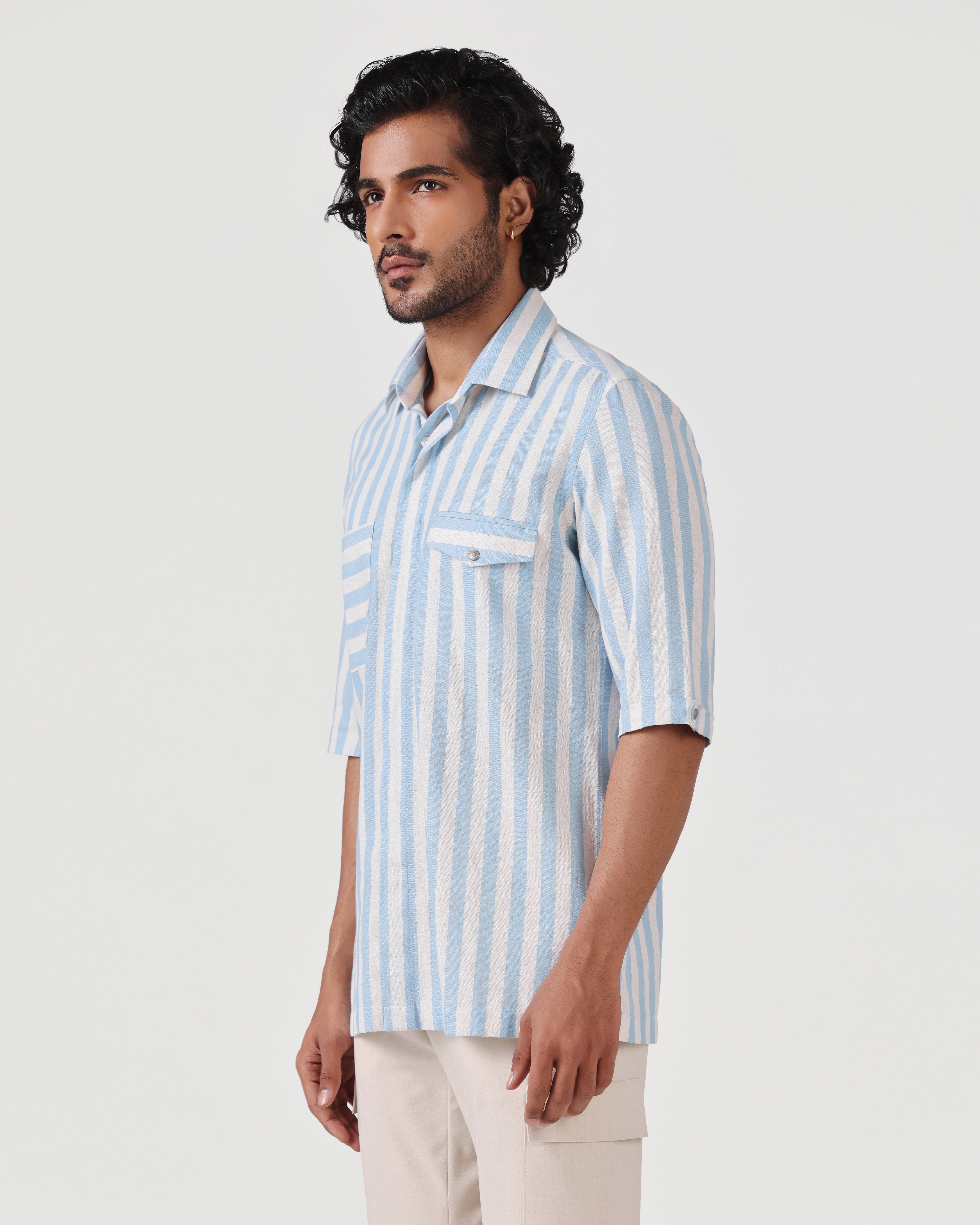 Crete - Stripe Cotton Linen Shirt - Soft Blue