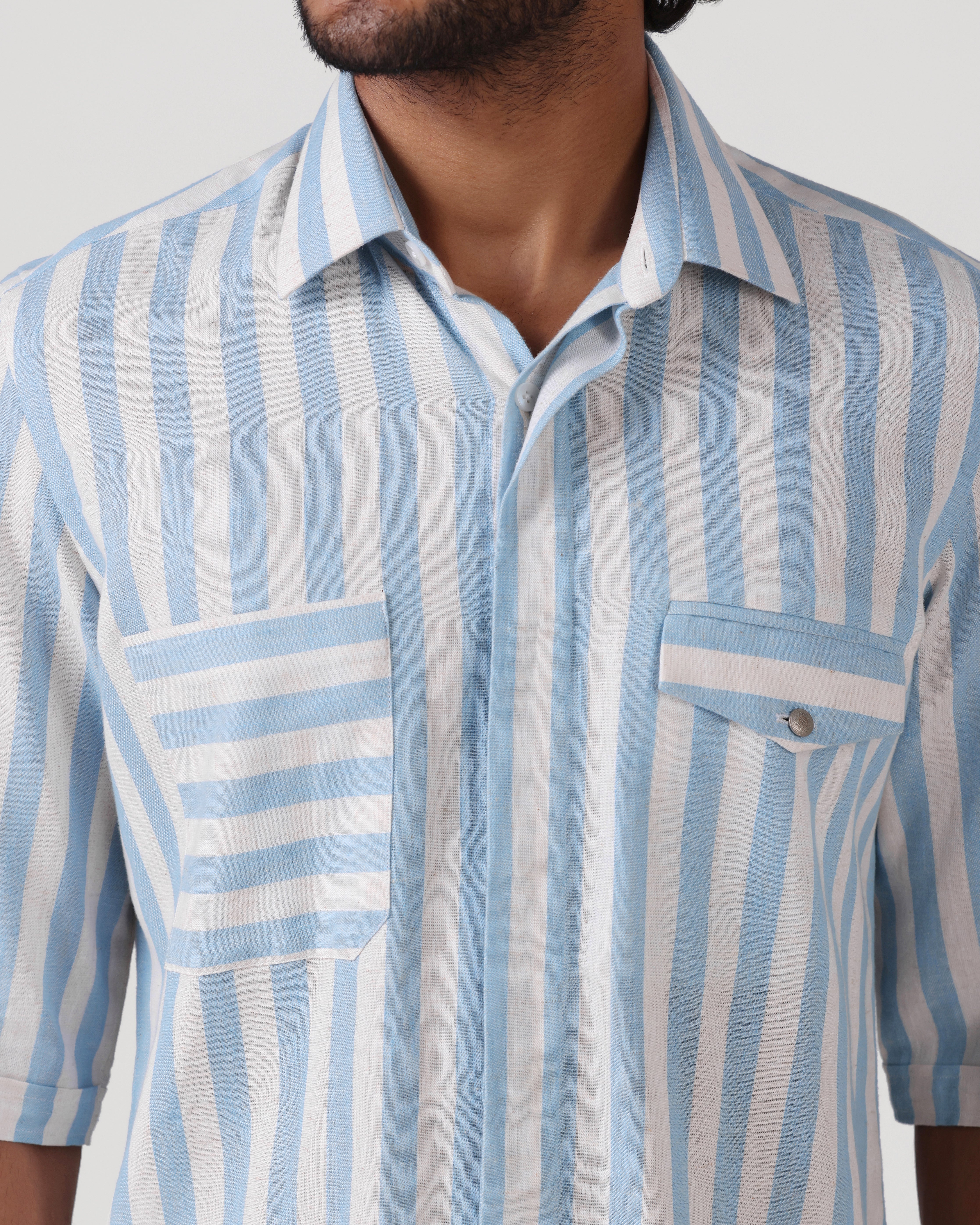 Crete - Stripe Cotton Linen Shirt - Soft Blue
