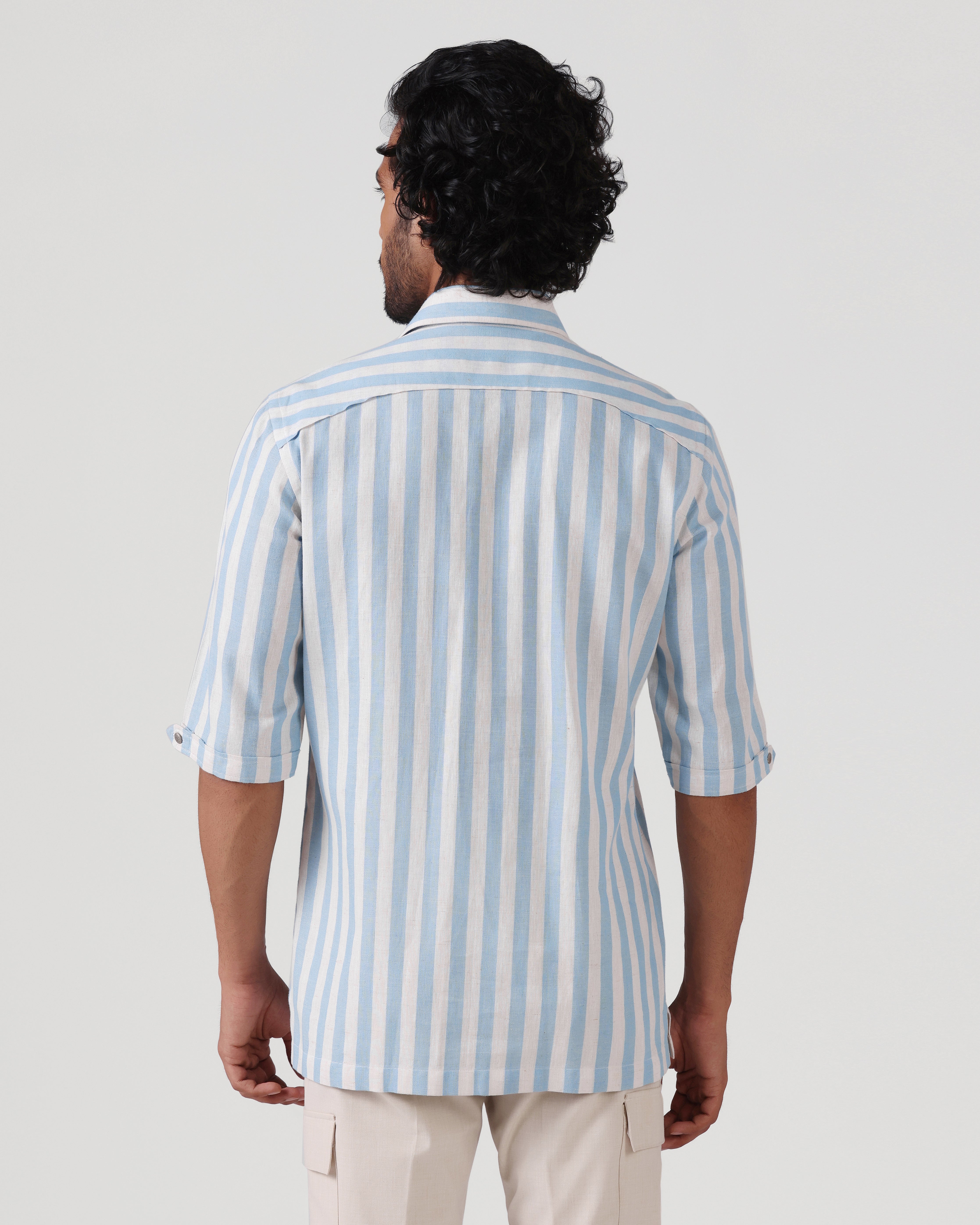 Crete - Stripe Cotton Linen Shirt - Soft Blue