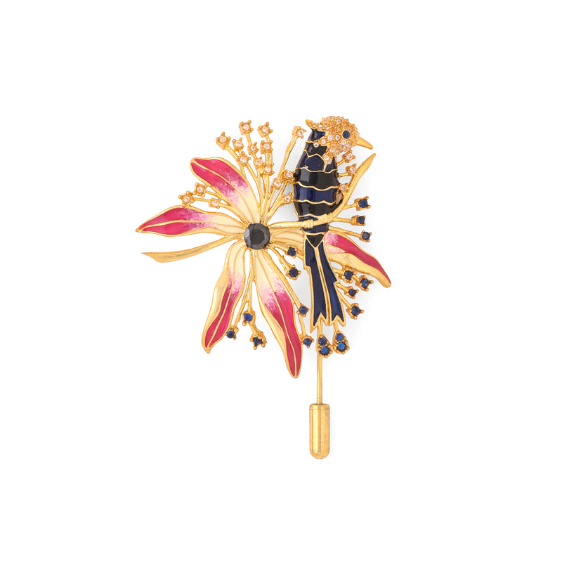 Bird and a flower brooch - Gold