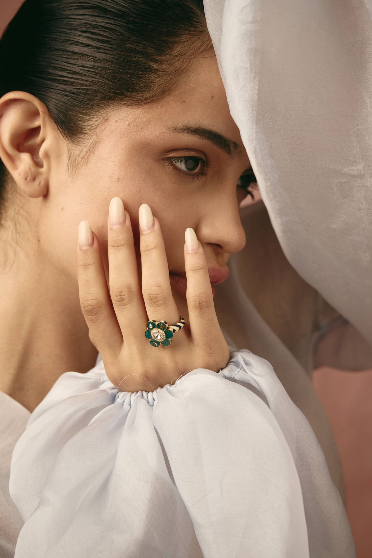 Pomelia Chand Sitara Ring - Deep Sea Mint