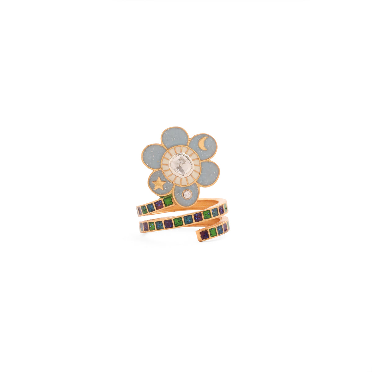 Pomelia Chand Sitara Spiral Ring -Sky Blue
