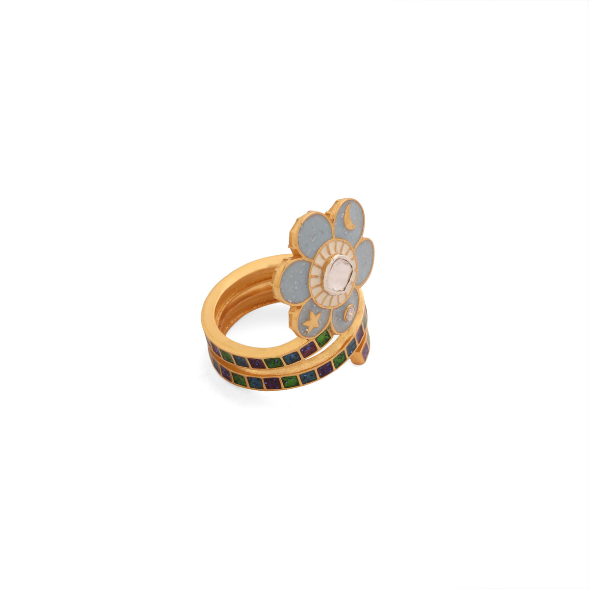 Pomelia Chand Sitara Spiral Ring -Sky Blue
