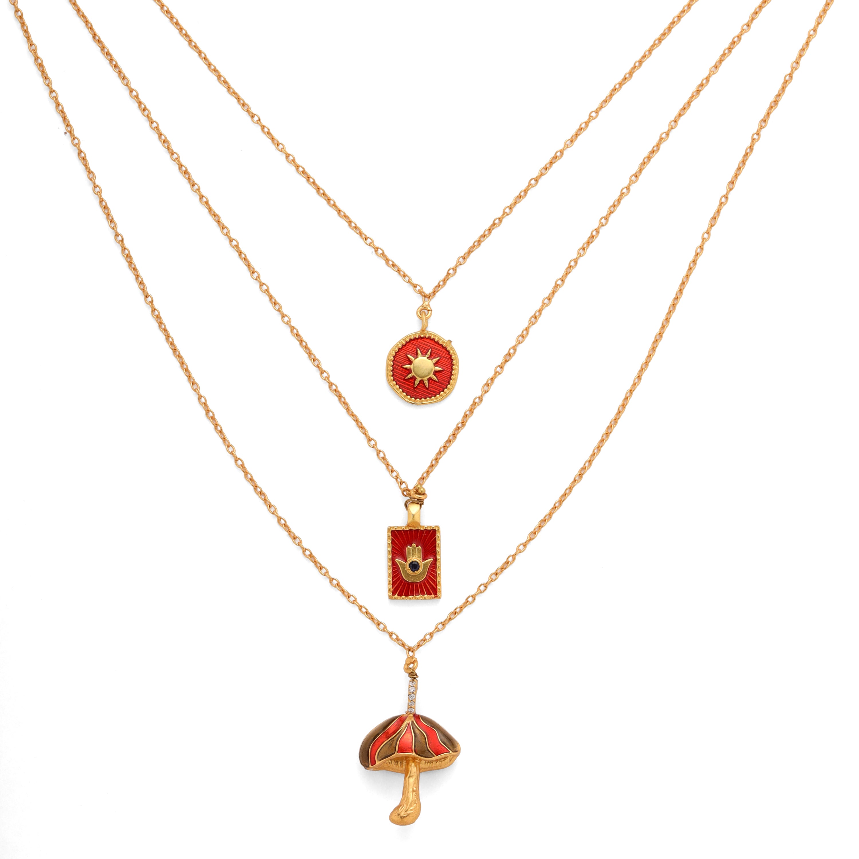 Multi Layer Necklace - Mushroom, Sun & Hamsa