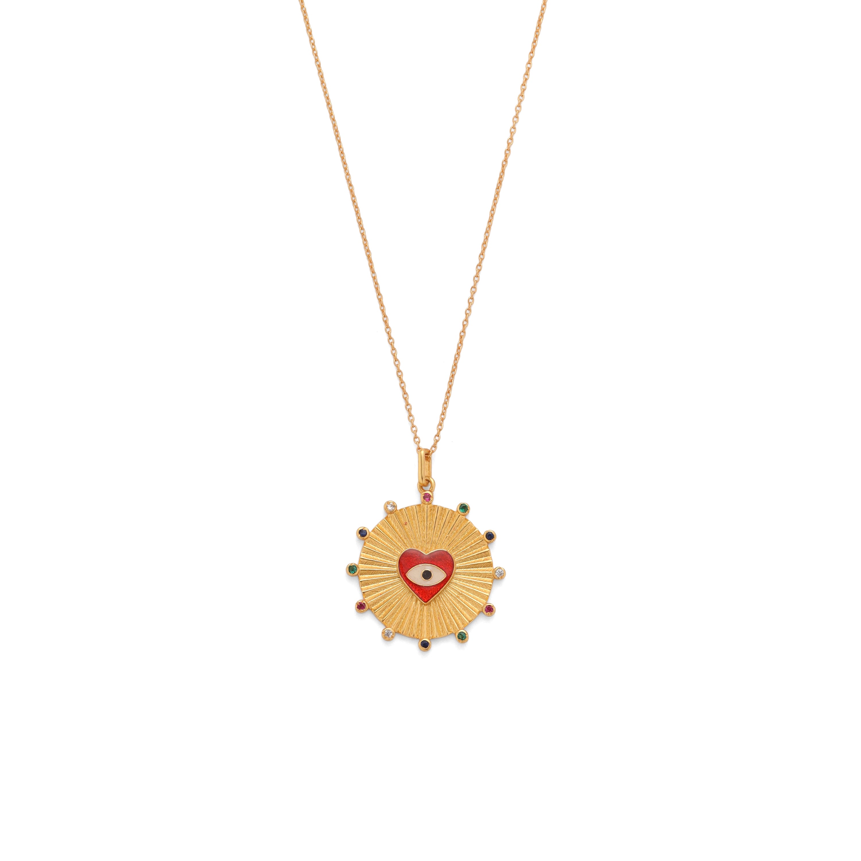 Necklace with a circular pendant featuring a red heart and gold accents.