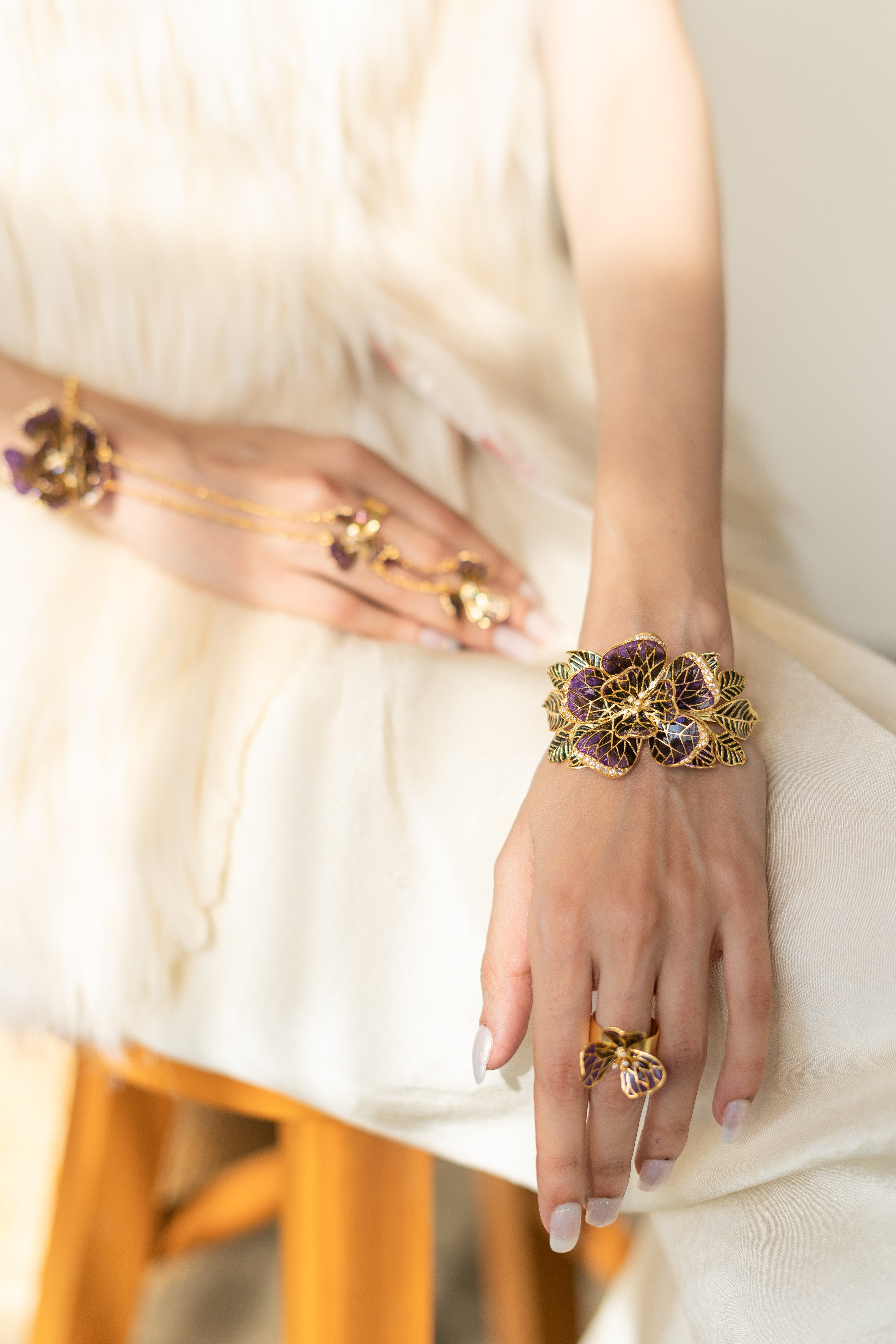 Fiore Floral Cuff - Amethyst and Smoky