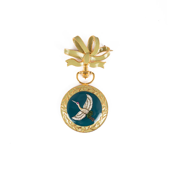 Ora Brooch - Sage with handpainted crane!