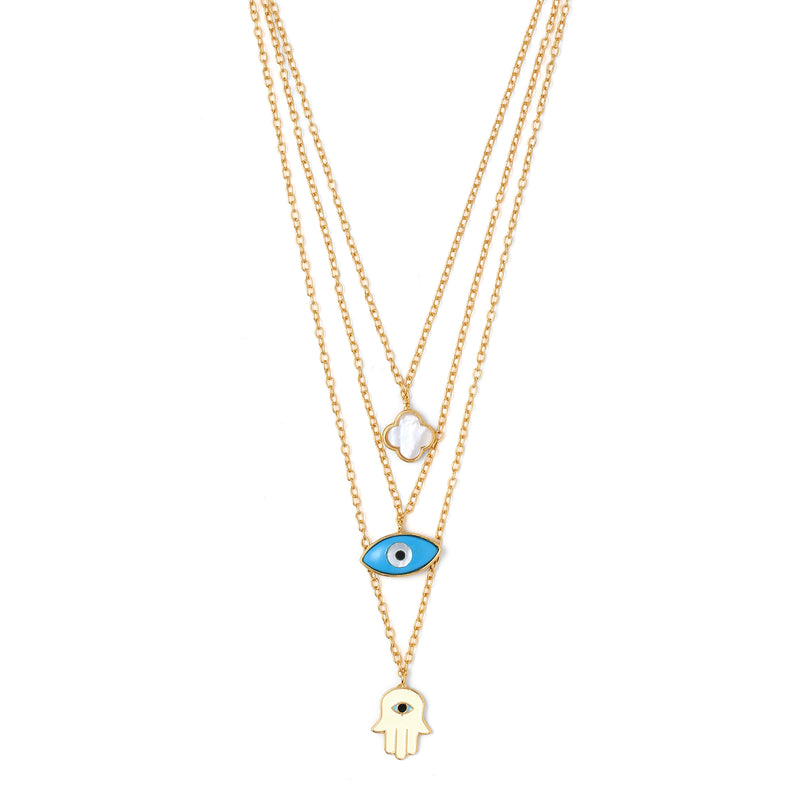 Multi layer neckchain / hamsa, clover, evil eye
