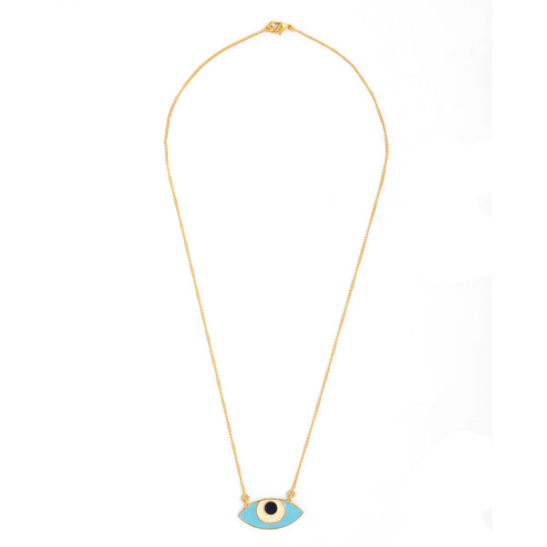 Evil Eye Enamel Neck Chain - Turquoise Gold