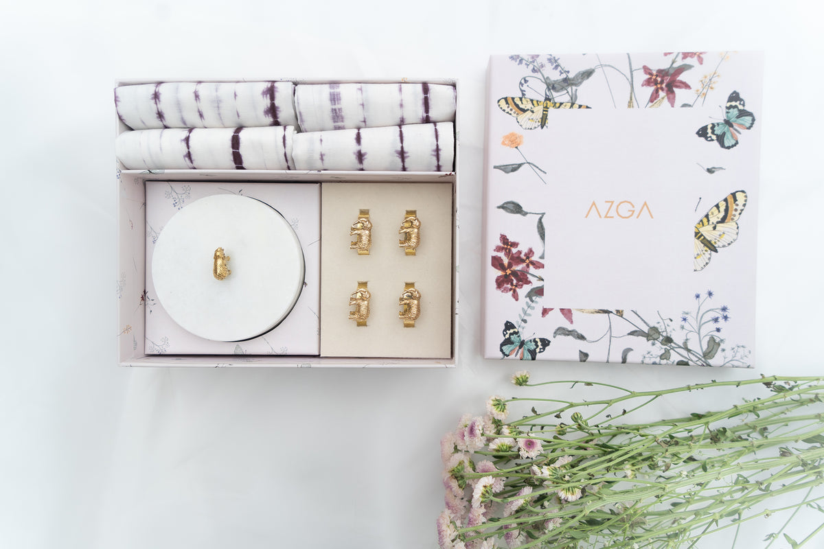 Buy Hand-picked Napkins, Napkin Ring and Marble Box Table Gift Set - Azga
