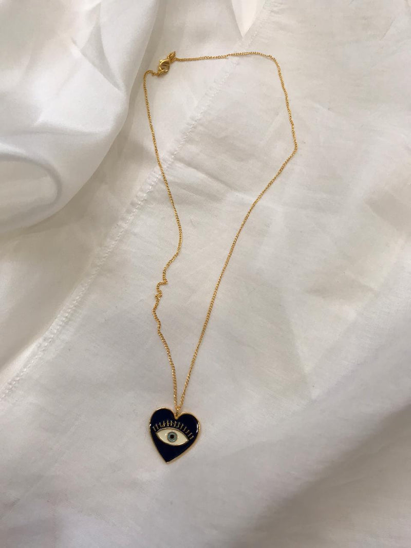 Heart Eye Enamel Neck Chain - Blue Gold