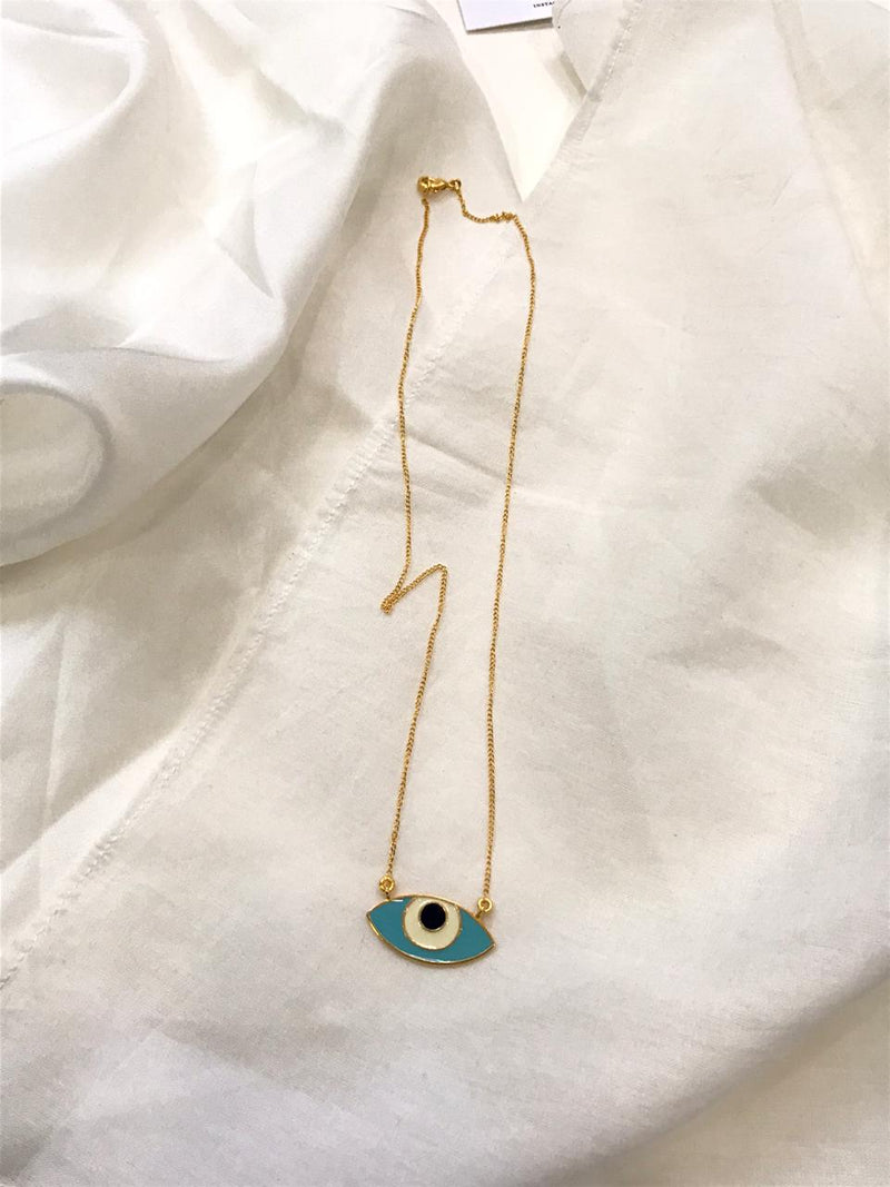 Evil Eye Enamel Neck Chain - Turquoise Gold